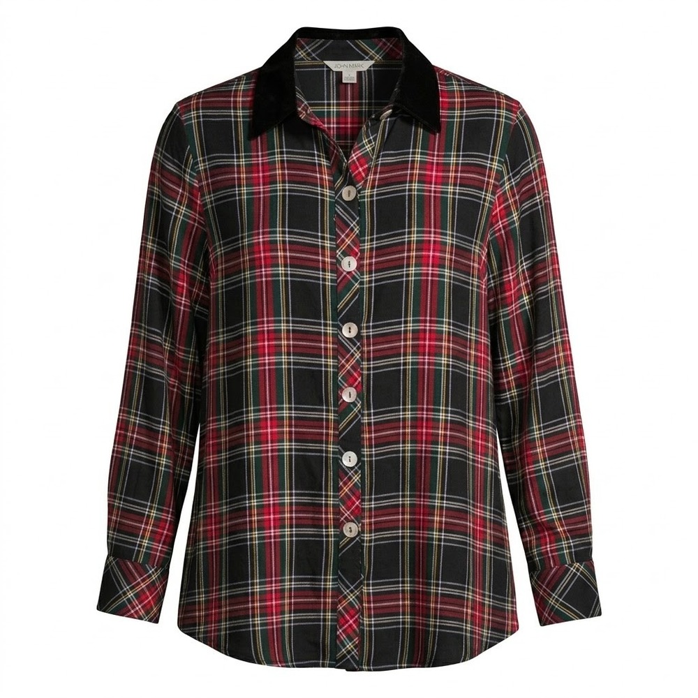 NEW John Mark Womens MEDIUM Plaid Button Down Shirt Red Black Velvet Collar